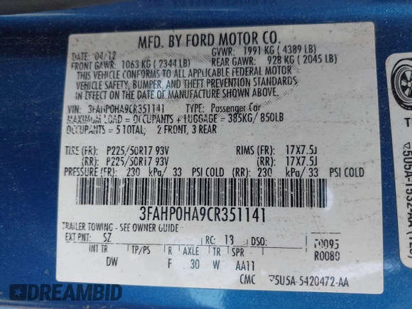 2012 Ford Fusion SE with VIN 3FAHP0HA9CR351141, listed as a IAAI auction lot 42140427 with 219,049 mi miles. Bid and sale history available at carsss.com. Image 9.