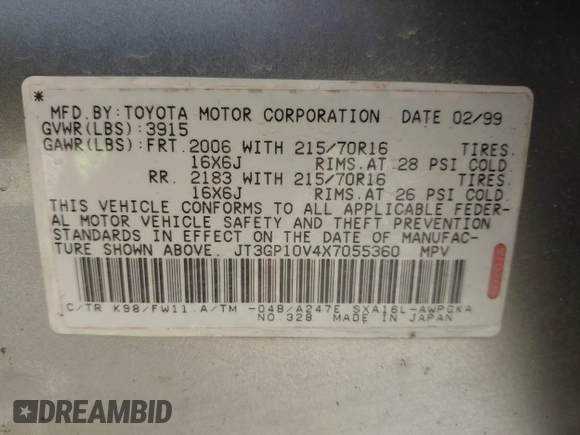 1999 Toyota RAV4 with VIN JT3GP10V4X7055360, listed as a IAAI auction lot 42718612 with 238,904 mi miles and . Bid and sale history available at DreamBid. Image 9.