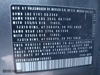 2022 Volkswagen Tiguan SE with VIN 3VV3B7AX0NM108653, listed as a IAAI auction lot 41624390 with 37,078 mi miles. Bid and sale history available at carsss.com. Image 9.