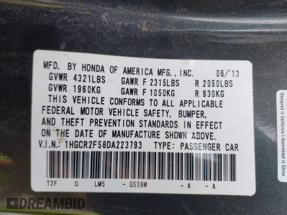 2013 Honda Accord Sport with VIN 1HGCR2F58DA223793, listed as a IAAI auction lot 42048139 with 229,446 mi miles and . Bid and sale history available at DreamBid. Image 9.