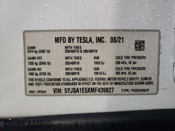 2021 Tesla Model S Long Range z VIN 5YJSA1E5XMF439827, wystawiony jako Copart lot #56117755 z przebiegiem Nie podano mil oraz Szkoda całkowita • Salvage title. Historia ofert i sprzedaży dostępna na DreamBid. Obrazek 12.