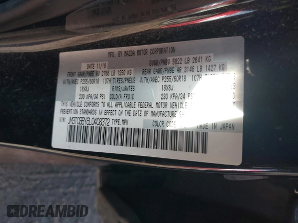 2020 Mazda CX-9 Sport with VIN JM3TCBBY6L0408372, listed as a IAAI auction lot 41676001 with 55,358 mi miles. Bid and sale history available at carsss.com. Image 9.