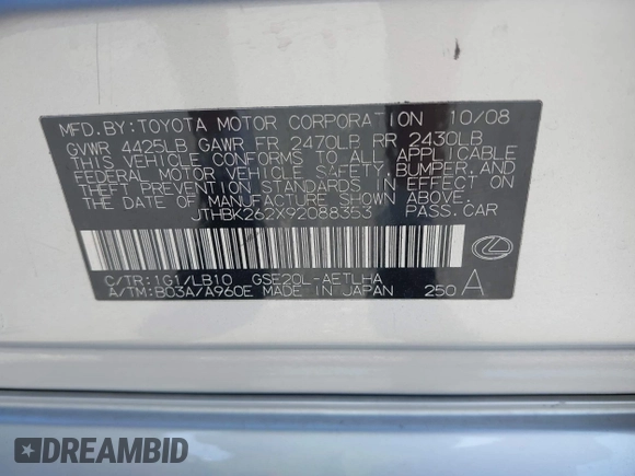 2009 Lexus IS 250 with VIN JTHBK262X92088353, listed as a IAAI auction lot 42059284 with 179,677 mi miles and . Bid and sale history available at DreamBid. Image 9.