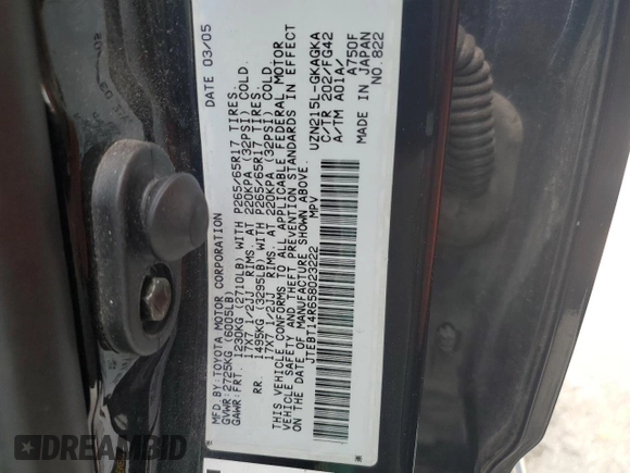 2005 Toyota 4Runner SR5 with VIN JTEBT14R658023222, listed as a Copart auction lot 50920185 with 209,033 mi miles and Salvage Title. Bid and sale history available at DreamBid. Image 14.