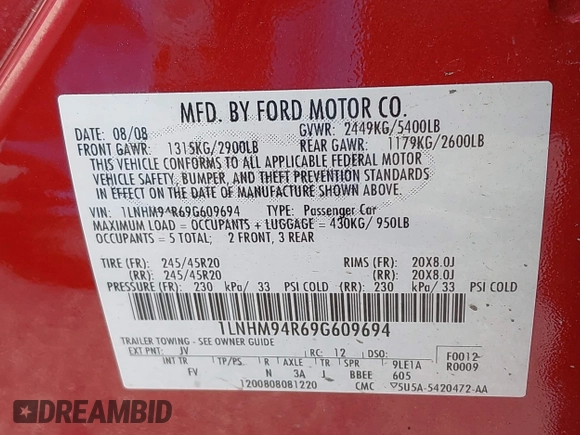 2009 Lincoln MKS с VIN 1LNHM94R69G609694, выставлен на аукционе IAAI как лот 42074057 с пробегом 122 190 миль миль и . История ставок и продаж доступна на DreamBid. Изображение 9.
