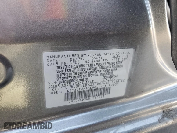 2024 Nissan Versa S with VIN 3N1CN8DV0RL910138, listed as a Copart auction lot 51853385 with 1,933 mi miles and Salvage Title. Bid and sale history available at DreamBid. Image 12.