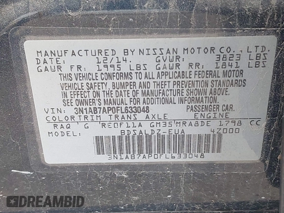 2015 Nissan Sentra SR with VIN 3N1AB7AP0FL633048, listed as a IAAI auction lot 42166079 with 138,896 mi miles and . Bid and sale history available at DreamBid. Image 9.