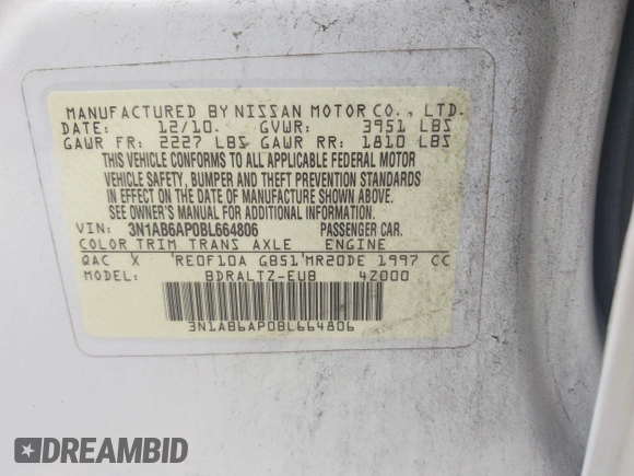 2011 Nissan Sentra SL with VIN 3N1AB6AP0BL664806, listed as a IAAI auction lot 42299832 with 135,233 mi miles and . Bid and sale history available at DreamBid. Image 9.