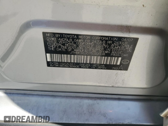 2007 Lexus IS 250 with VIN JTHBK262075042008, listed as a Copart auction lot 52261815 with 165,771 mi miles and Clean title. Bid and sale history available at DreamBid. Image 12.