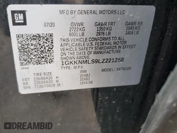 2020 GMC Acadia SLT with VIN 1GKKNMLS9LZ221258, listed as a Copart auction lot 45499875 with 79,770 mi miles and Salvage Title. Bid and sale history available at DreamBid. Image 14.
