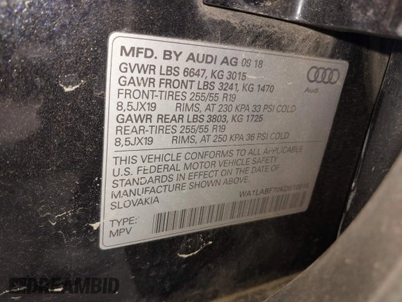 2019 Audi Q7 Premium Plus z VIN WA1LABF70KD010916, wystawiony jako IAAI lot #42027043 z przebiegiem 143 812 mil mil oraz . Historia ofert i sprzedaży dostępna na DreamBid. Obrazek 9.