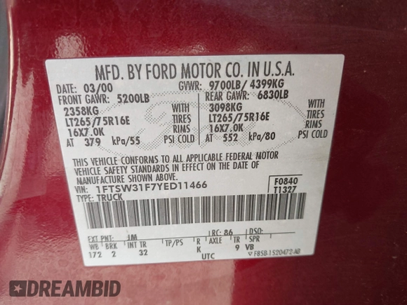 2000 Ford F-350 XL with VIN 1FTSW31F7YED11466, listed as a IAAI auction lot 41133864 with 349,092 mi miles and . Bid and sale history available at DreamBid. Image 9.