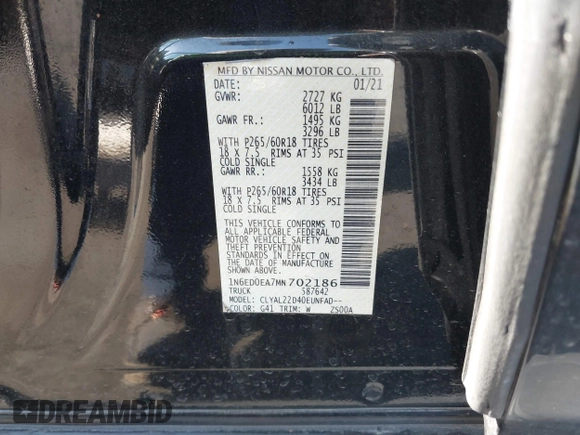 2021 Nissan Frontier SV with VIN 1N6ED0EA7MN702186, listed as a IAAI auction lot 42286772 with 70,393 mi miles and . Bid and sale history available at DreamBid. Image 9.