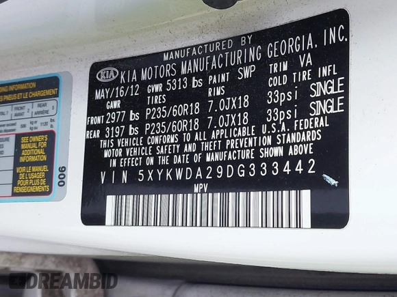 2013 Kia Sorento SX with VIN 5XYKWDA29DG333442, listed as a IAAI auction lot 41678171 with 145,166 mi miles. Bid and sale history available at carsss.com. Image 9.