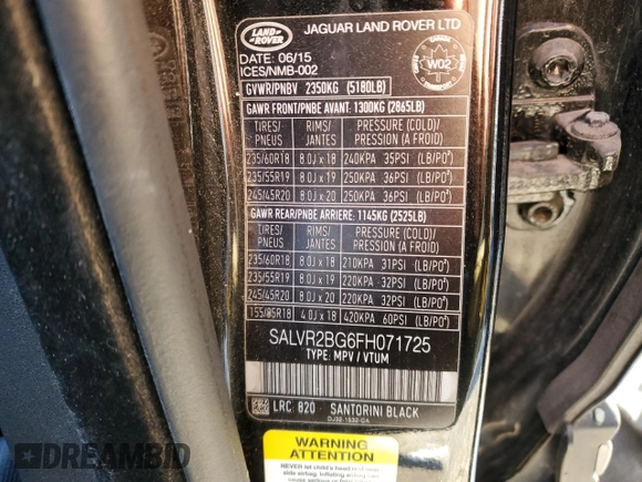 2015 Land Rover Range Rover Evoque Pure Premium z VIN SALVR2BG6FH071725, wystawiony jako Copart lot #50056685 z przebiegiem 183 970 mil mil oraz Szkoda całkowita • Salvage title. Historia ofert i sprzedaży dostępna na DreamBid. Obrazek 13.