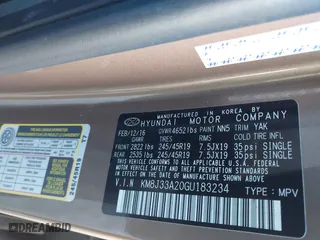 2016 Hyundai Tucson Sport with VIN KM8J33A20GU183234, listed as a IAAI auction lot 41429777 with 113,077 mi miles. Bid and sale history available at carsss.com. Image 9.