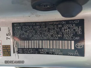 2008 Toyota Prius with VIN JTDKB20U387726164, listed as a IAAI auction lot 41838660 with 259,260 mi miles. Bid and sale history available at carsss.com. Image 9.