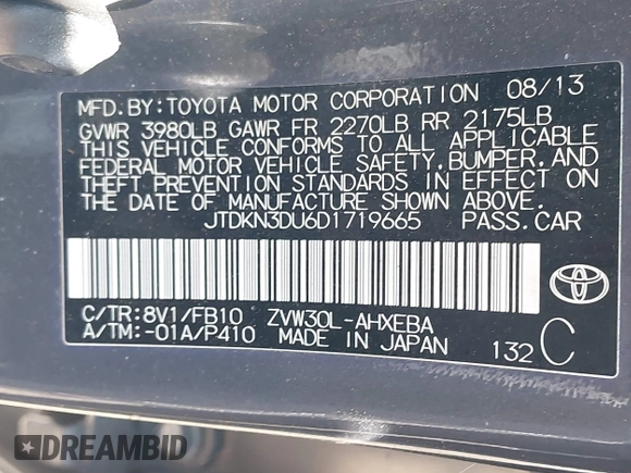 2013 Toyota Prius One with VIN JTDKN3DU6D1719665, listed as a IAAI auction lot 38765023 with 50,913 mi miles and . Bid and sale history available at DreamBid. Image 9.