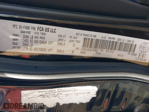 2019 Dodge Durango GT Plus with VIN 1C4RDJDG4KC764623, listed as a IAAI auction lot 41157875 with 62,747 mi miles and . Bid and sale history available at DreamBid. Image 9.