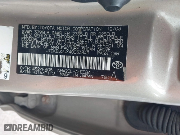 2004 Toyota Prius with VIN JTDKB22UX40033849, listed as a IAAI auction lot 41670061 with 299,999 mi miles and . Bid and sale history available at DreamBid. Image 9.