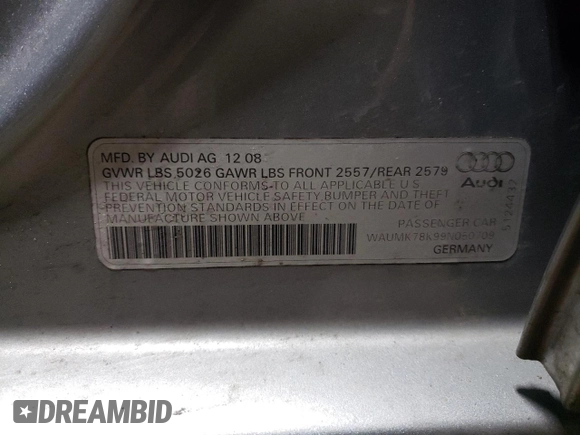 2009 Audi A4 3.2L Prestige with VIN WAUMK78K99N050709, listed as a Copart auction lot 88339655 with 155,818 mi miles and Salvage Title. Bid and sale history available at carsss.com. Image 12.