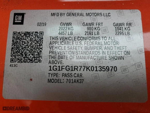 2019 Chevrolet Camaro 2SS with VIN 1G1FG1R77K0135970, listed as a Copart auction lot 86083384 with 0 mi miles and Salvage Title. Bid and sale history available at carsss.com. Image 13.
