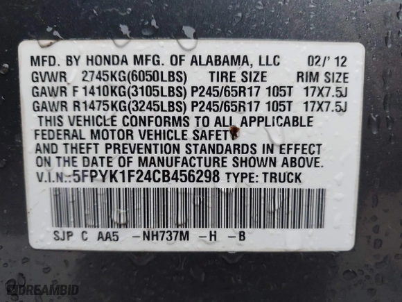 2012 Honda Ridgeline RT with VIN 5FPYK1F24CB456298, listed as a IAAI auction lot 40869948 with 123,329 mi miles. Bid and sale history available at carsss.com. Image 9.