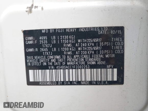 2015 Subaru Outback Premium с VIN 4S4BSACC1F3302253, выставлен на аукционе IAAI как лот 42505383 с пробегом 137 141 миль миль и . История ставок и продаж доступна на DreamBid. Изображение 9.