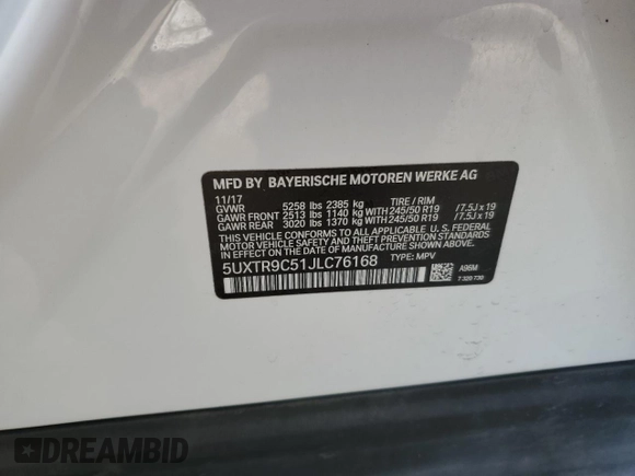 2018 BMW X3 xDrive30i with VIN 5UXTR9C51JLC76168, listed as a Copart auction lot 44956445 with 41,859 mi miles and Salvage Title. Bid and sale history available at DreamBid. Image 15.