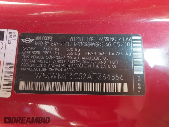 2010 MINI Hardtop with VIN WMWMF3C52ATZ64556, listed as a IAAI auction lot 41862088 with Not Provided miles and . Bid and sale history available at DreamBid. Image 9.