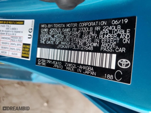 2020 Toyota Prius Prime LE with VIN JTDKARFP3L3127648, listed as a Copart auction lot 46865235 with 51,342 mi miles and Salvage Title. Bid and sale history available at carsss.com. Image 12.