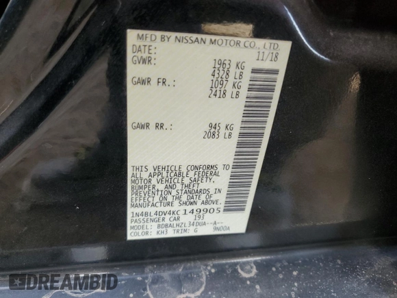 2019 Nissan Altima 2.5 SV with VIN 1N4BL4DV4KC149905, listed as a Copart auction lot 52736545 with 105,214 mi miles and Salvage Title. Bid and sale history available at carsss.com. Image 12.