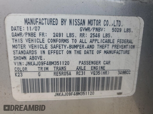 2008 Infiniti EX Journey with VIN JNKAJ09F48M351120, listed as a Copart auction lot 53079045 with 66,156 mi miles and Salvage title. Bid and sale history available at DreamBid. Image 14.