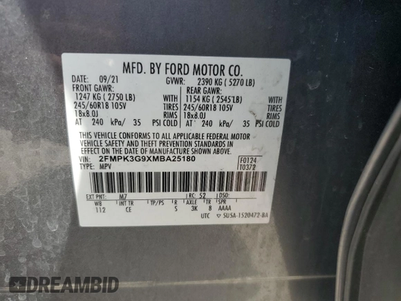 2021 Ford Edge SE with VIN 2FMPK3G9XMBA25180, listed as a Copart auction lot 51391315 with 36,289 mi miles and Clean title. Bid and sale history available at DreamBid. Image 13.