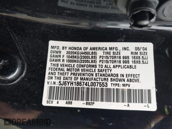 2004 Honda Element EX with VIN 5J6YH18674L007553, listed as a IAAI auction lot 41801717 with 251,458 mi miles and . Bid and sale history available at DreamBid. Image 9.