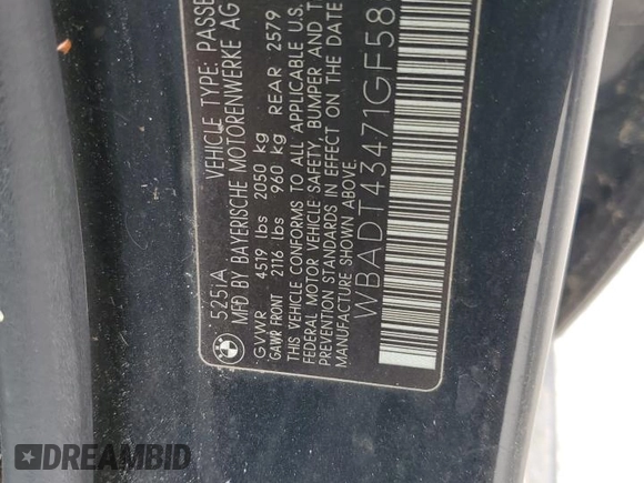 2001 BMW 5 Series 525i with VIN WBADT43471GF58824, listed as a Copart auction lot 56103395 with Not provided miles and Clean title. Bid and sale history available at DreamBid. Image 12.