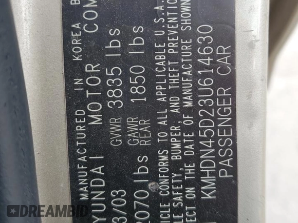 2003 Hyundai Elantra GLS z VIN KMHDN45D23U614630, wystawiony jako Copart lot #85921924 z przebiegiem 182 122 mil mil oraz Szkoda całkowita • Salvage title. Historia ofert i sprzedaży dostępna na DreamBid. Obrazek 13.