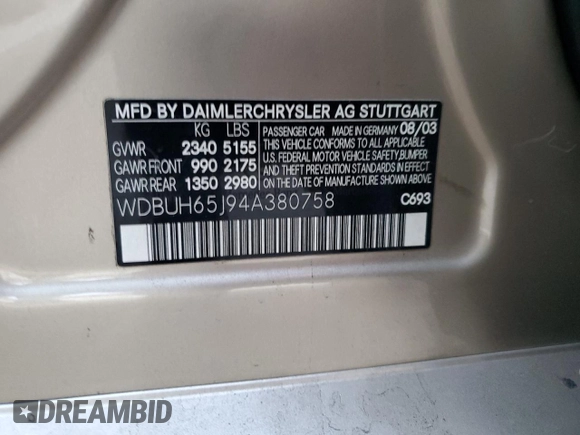 2004 Mercedes-Benz E 320 with VIN WDBUH65J94A380758, listed as a Copart auction lot 79520504 with 163,883 mi miles and Salvage Title. Bid and sale history available at DreamBid. Image 13.