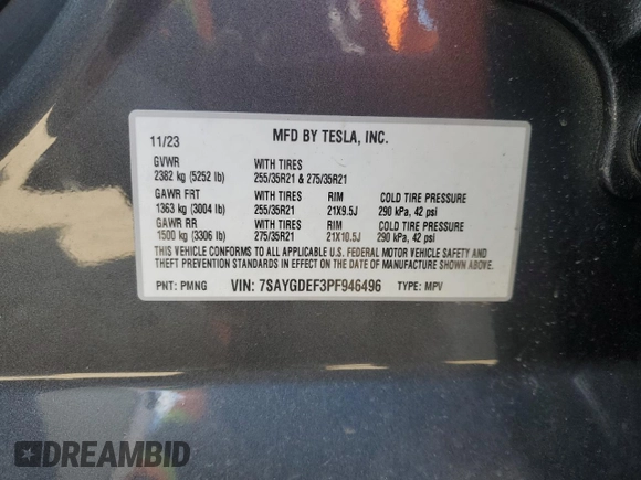 2023 Tesla Model Y Performance with VIN 7SAYGDEF3PF946496, listed as a Copart auction lot 50800315 with 15,077 mi miles and Salvage Title. Bid and sale history available at DreamBid. Image 13.