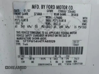 2007 Ford F-150 XLT with VIN 1FTPW14V47FA65529, listed as a Copart auction lot 63643785 with 165,445 mi miles and Clean title. Bid and sale history available at DreamBid. Image 12.