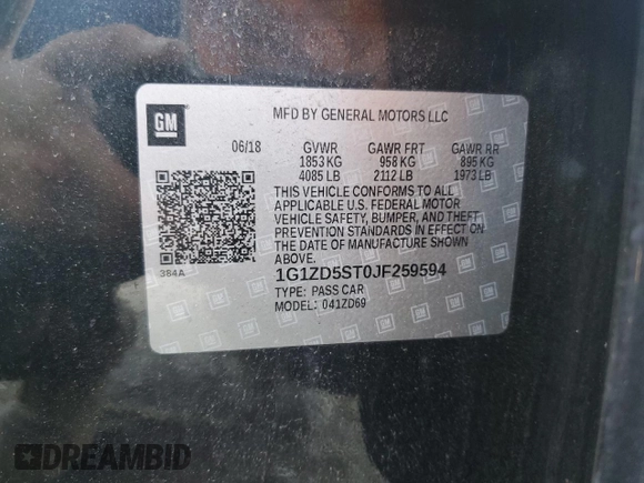 2018 Chevrolet Malibu LT with VIN 1G1ZD5ST0JF259594, listed as a Copart auction lot 56745415 with Not provided miles and Non repairable. Bid and sale history available at DreamBid. Image 12.