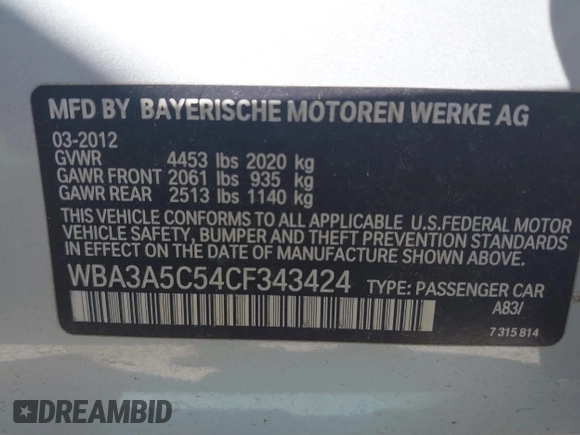 2012 BMW 3 Series 328i z VIN WBA3A5C54CF343424, wystawiony jako IAAI lot #42249402 z przebiegiem 90 120 mil mil oraz . Historia ofert i sprzedaży dostępna na DreamBid. Obrazek 9.