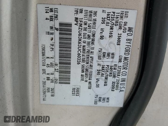 2003 Ford Explorer XLT с VIN 1FMZU63K63UC60326, выставлен на аукционе Copart как лот 56141245 с пробегом Не указан миль и Списание • Salvage title. История ставок и продаж доступна на DreamBid. Изображение 13.