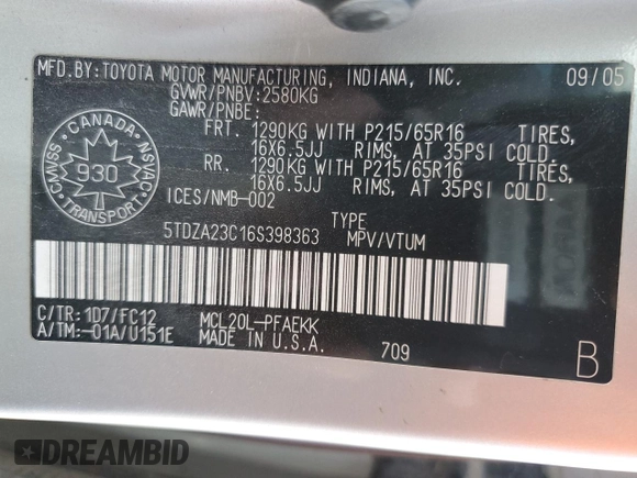 2006 Toyota Sienna CE with VIN 5TDZA23C16S398363, listed as a Copart auction lot 61356375 with 270,390 mi miles and Clean title. Bid and sale history available at DreamBid. Image 13.