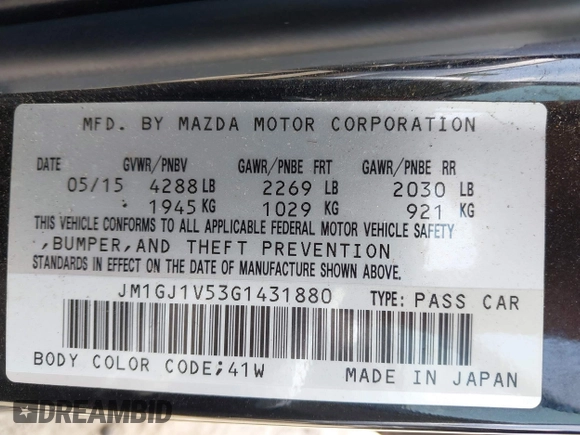 2016 Mazda Mazda6 i Touring with VIN JM1GJ1V53G1431880, listed as a IAAI auction lot 42079970 with 111,179 mi miles. Bid and sale history available at carsss.com. Image 9.