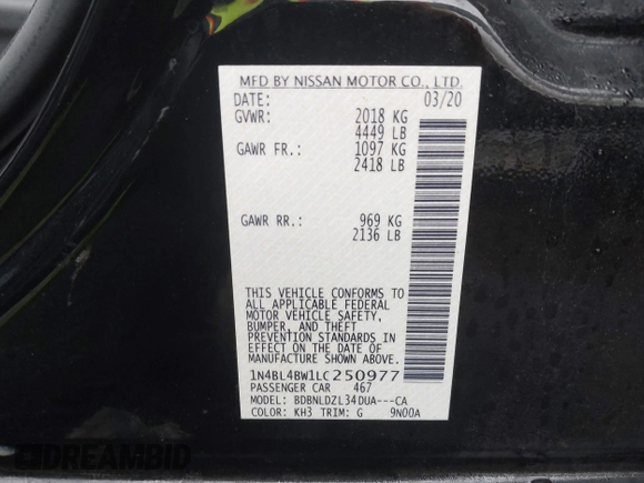 2020 Nissan Altima S z VIN 1N4BL4BW1LC250977, wystawiony jako IAAI lot #41812462 z przebiegiem 46 747 mil mil oraz . Historia ofert i sprzedaży dostępna na DreamBid. Obrazek 9.