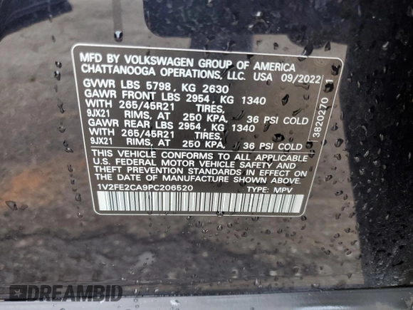 2023 Volkswagen Atlas SEL Premium R-Line with VIN 1V2FE2CA9PC206520, listed as a Copart auction lot 53936345 with Not provided miles and Salvage title. Bid and sale history available at DreamBid. Image 13.