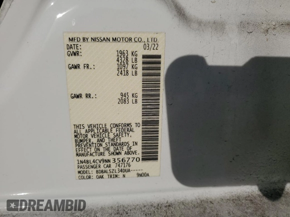 2022 Nissan Altima 2.5 SR with VIN 1N4BL4CV9NN356770, listed as a Copart auction lot 46673345 with 74,150 mi miles and Salvage Title. Bid and sale history available at carsss.com. Image 15.