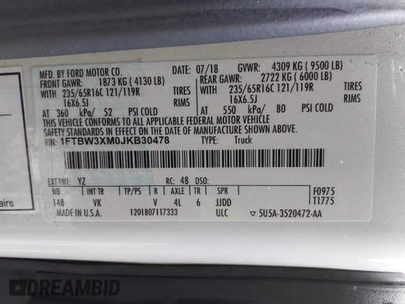 2018 Ford Transit with VIN 1FTBW3XM0JKB30478, listed as a IAAI auction lot 41560277 with 35,851 mi miles and . Bid and sale history available at DreamBid. Image 9.