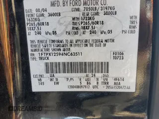 2004 Ford F-150 XL with VIN 1FTPX12594NC63511, listed as a Copart auction lot 57805915 with 172,381 mi miles and Salvage title. Bid and sale history available at DreamBid. Image 12.